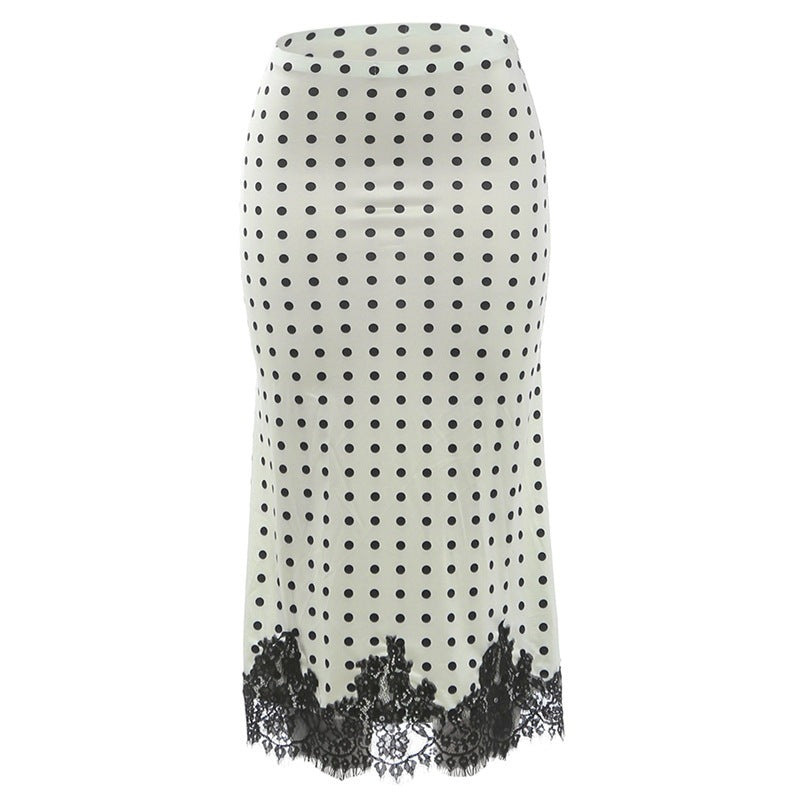 DLS summer polka dot printed lace stitching midi skirt