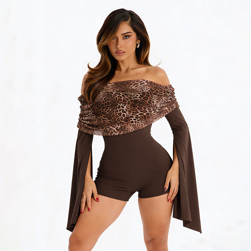 DZHT J25RP468 long sleeve off-shoulder leopard print off-shoulder shorts jumpsuit
