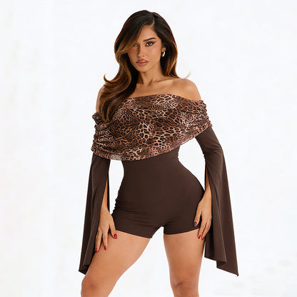 DZHT J25RP468 long sleeve off-shoulder leopard print off-shoulder shorts jumpsuit