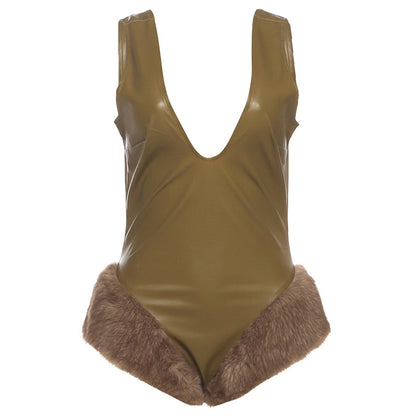 SXR fall winter fashion V-neck poly urethane leather frayed strap jumpsuit for women