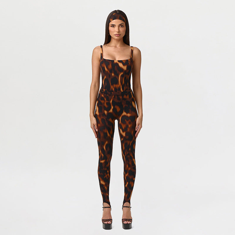 DZHT D26ST185 leopard print sleeveless leotard step-on tight trousers two-piece suit