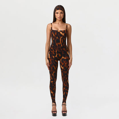 DZHT D26ST185 leopard print sleeveless leotard step-on tight trousers two-piece suit