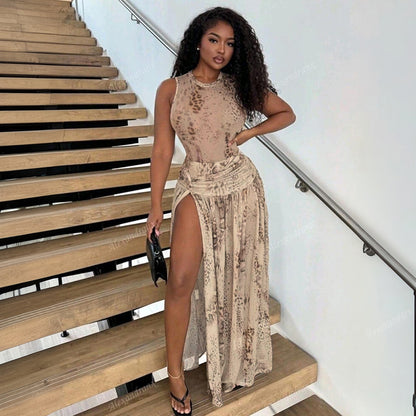 DZHT J26ST091 fashion printed jumpsuit half-length slit dress suit