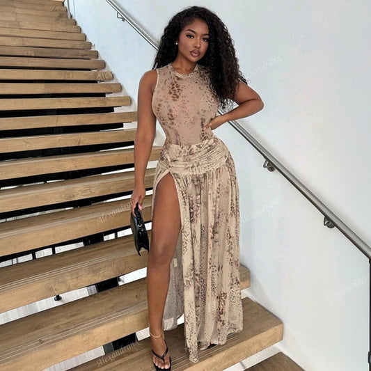 DZHT J26ST091 fashion printed jumpsuit half-length slit dress suit
