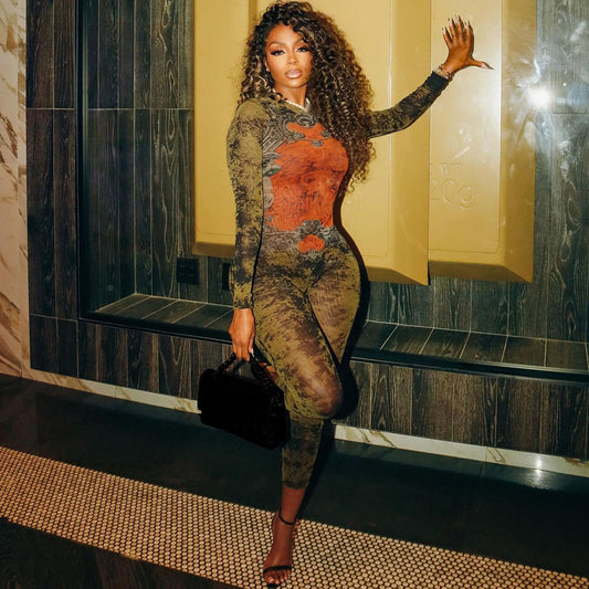 SXR summer printed mesh high waist long-sleeve zipper jumpsuit