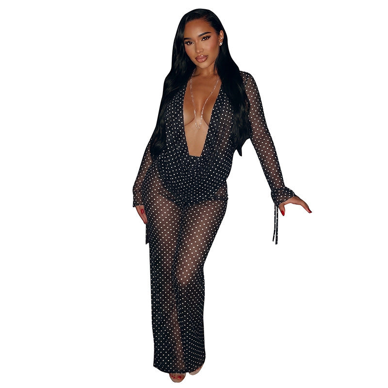 DZHT J26ST182 mesh see-through long sleeve draped collar top loose trousers polka dot printing suit
