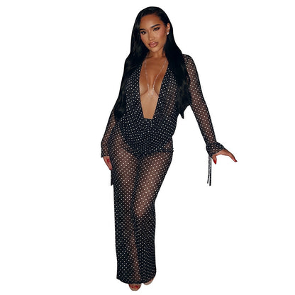 DZHT J26ST182 mesh see-through long sleeve draped collar top loose trousers polka dot printing suit