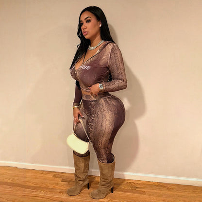 SXR autumn and winter feel cardigan top high waist tight printed trousers suit