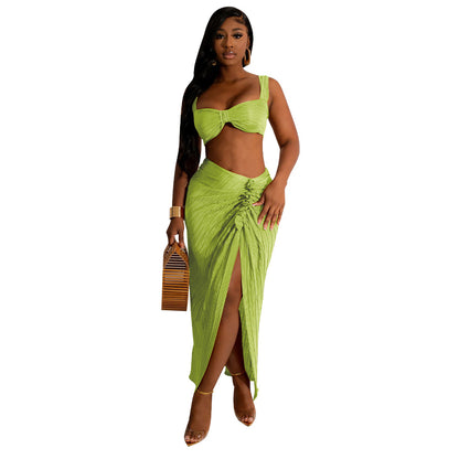 MYF (S-2XL) K10503 pleated backless Sling Top split draped dress suit