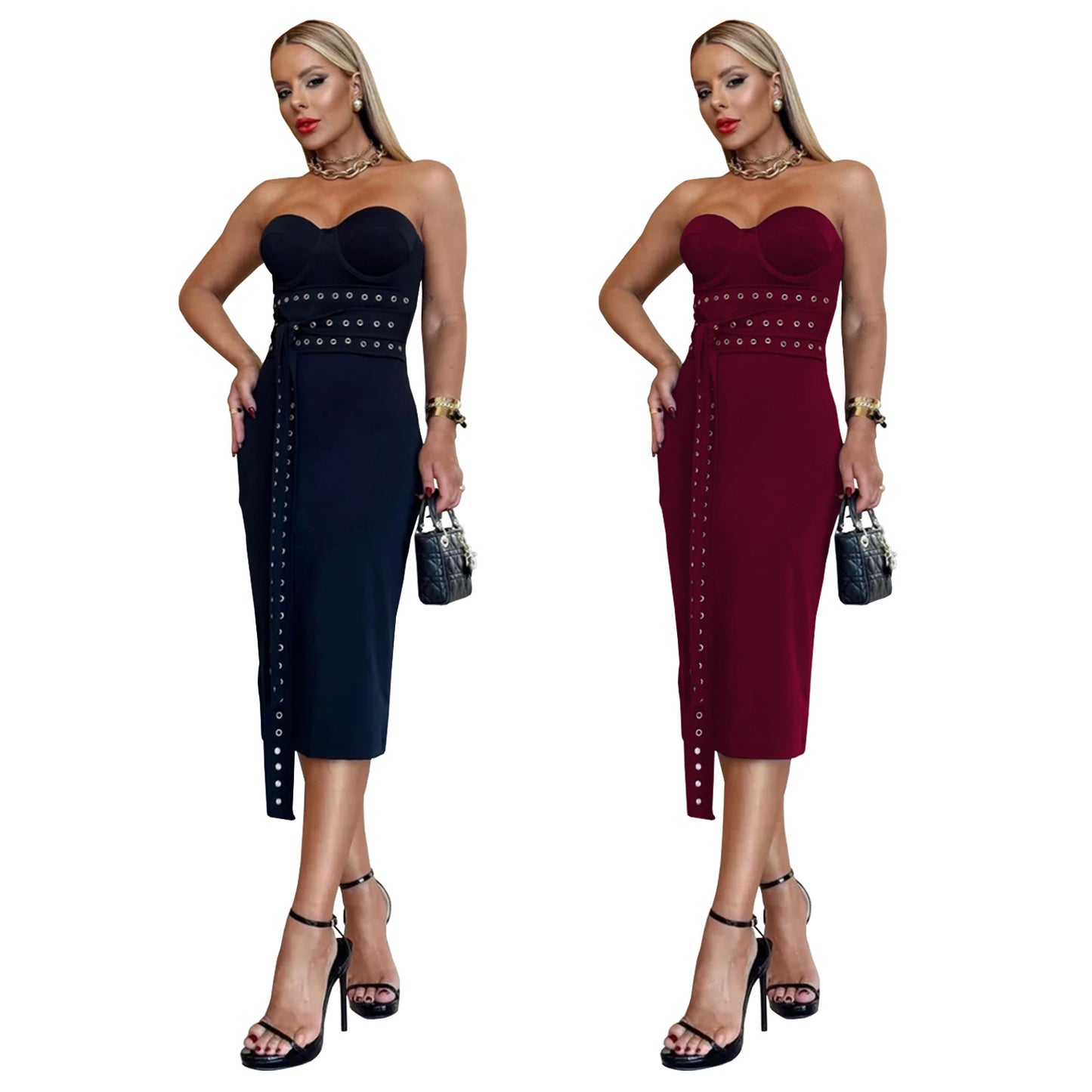 XYZ C7517 strapless lace-up eyelet slim dress