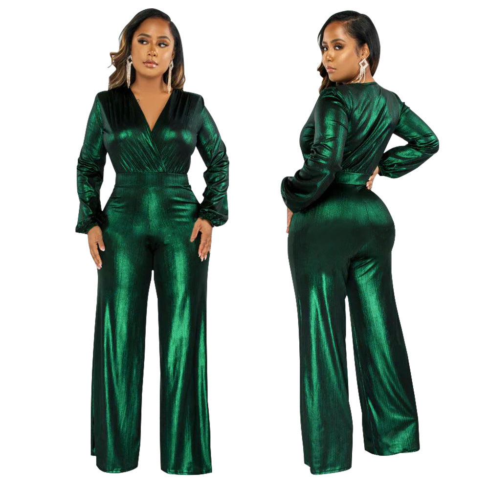 MYF (S-2XL) K10317 autumn V lantern sleeve gilding one-piece