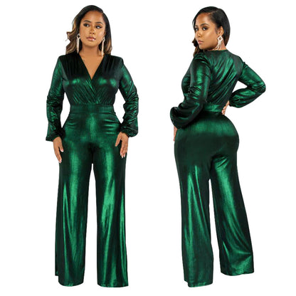 MYF (S-2XL) K10317 autumn V lantern sleeve gilding one-piece