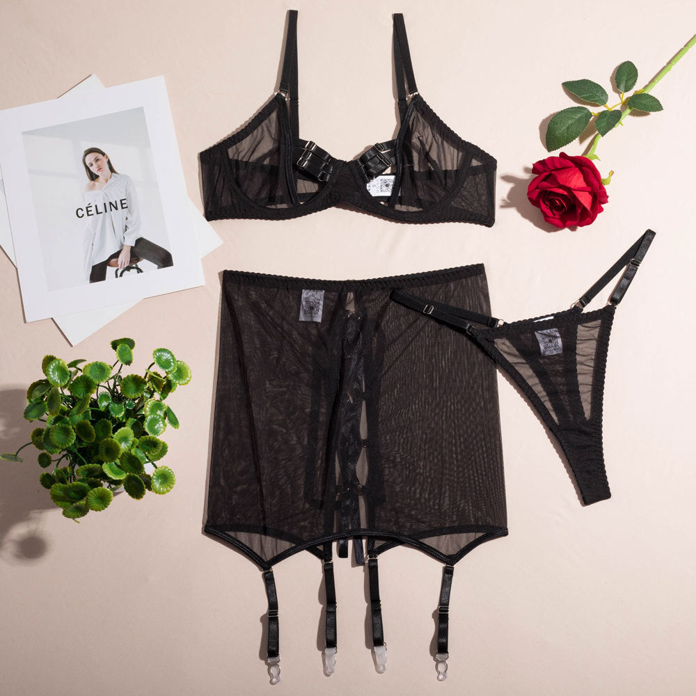 Mesh complex waist of trousers skirt Garter buckle sexy lingerie with steel ring three-piece set 1601