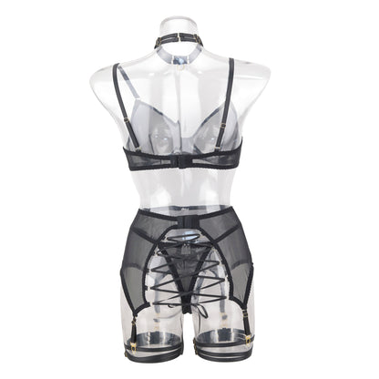 Red mesh see-through Garter steel ring sexy lingerie three-piece set body shaping two-piece suits