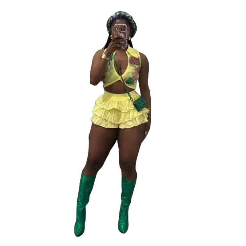 MZ (S-2XL) MZ88632 stretch ruffled shorts suit