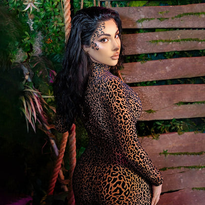 SXR summer fashion leopard print high waist sheath long sleeve jumpsuit