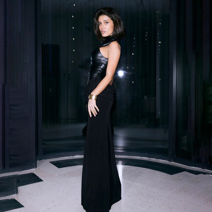 SXR winter fashion PU patchwork turtleneck sleeveless split dress