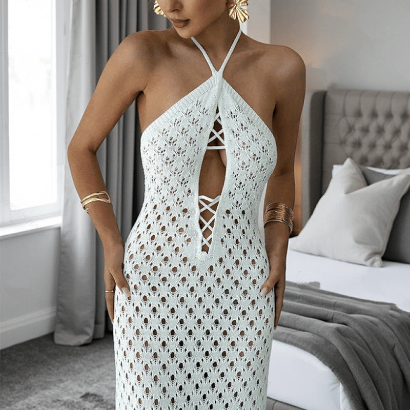 CYB knitted dress sleeveless backless lace up beach sheath dress
