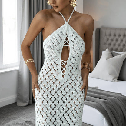 CYB knitted dress sleeveless backless lace up beach sheath dress
