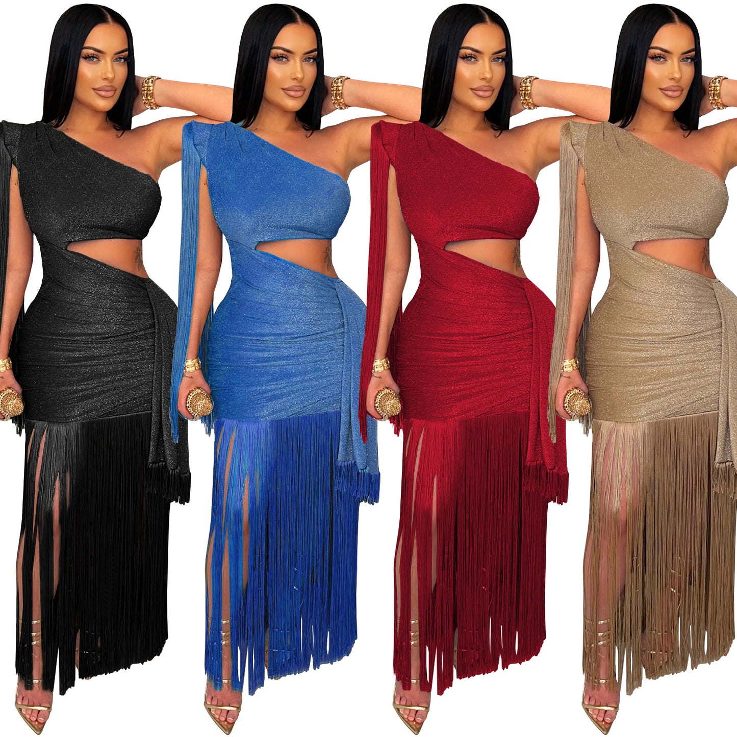 XYZ C7428 casual shoulder tassel maxi dress