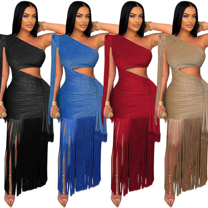 XYZ C7428 casual shoulder tassel maxi dress