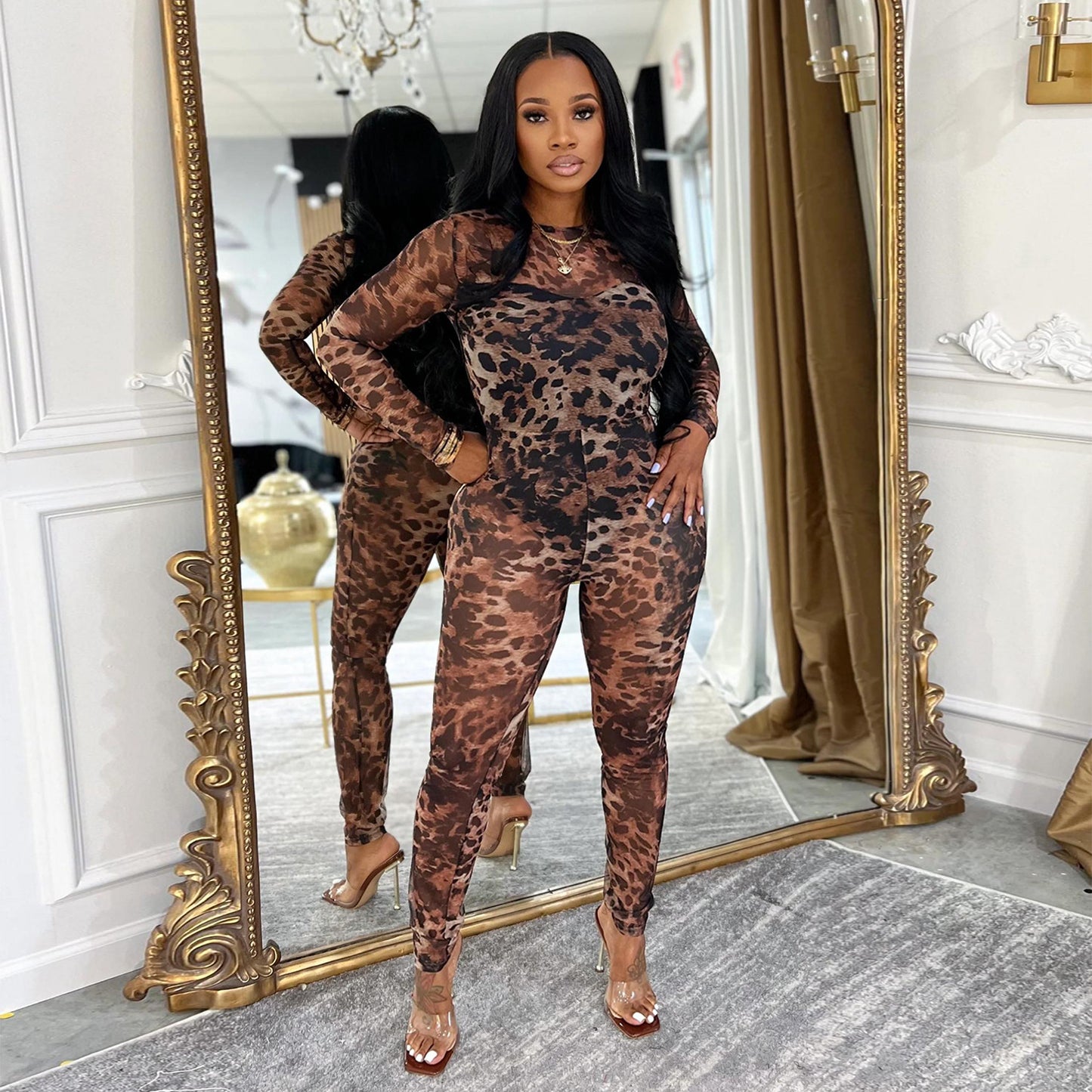 XYZ C7541 leopard print mesh floral print see-through jumpsuit