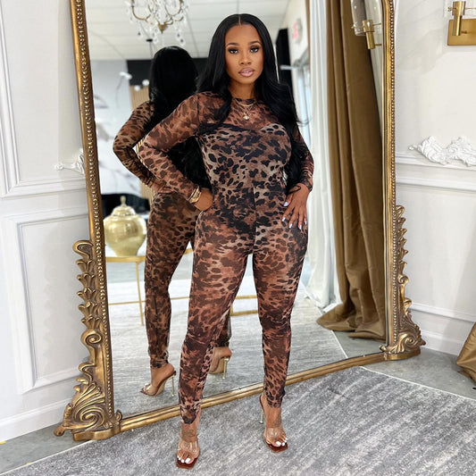 XYZ C7541 leopard print mesh floral print see-through jumpsuit