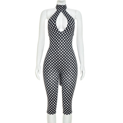 DZHT D26JP260 polka dot halter ribbon bare back tight cropped jumpsuit