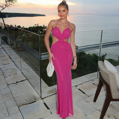 SXR summer see-through backless lace up halter maxi dress