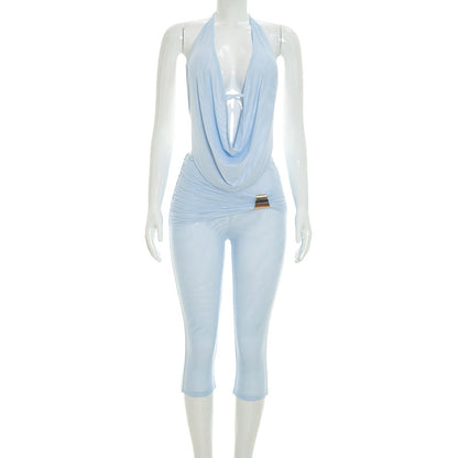 DZHT C26ST240 draped collar halter lace-up backless sling skinny knee length pants suit