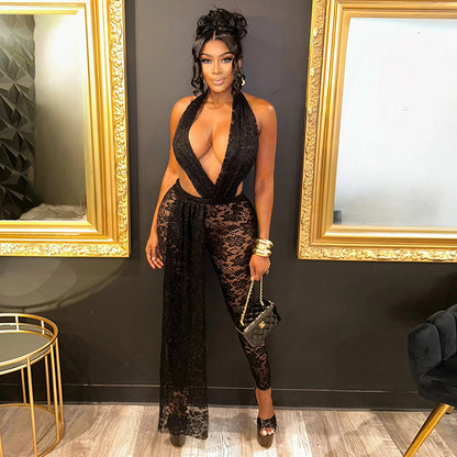 DZHT J25JP483 halter cut-out lace see-through backless lace jumpsuit