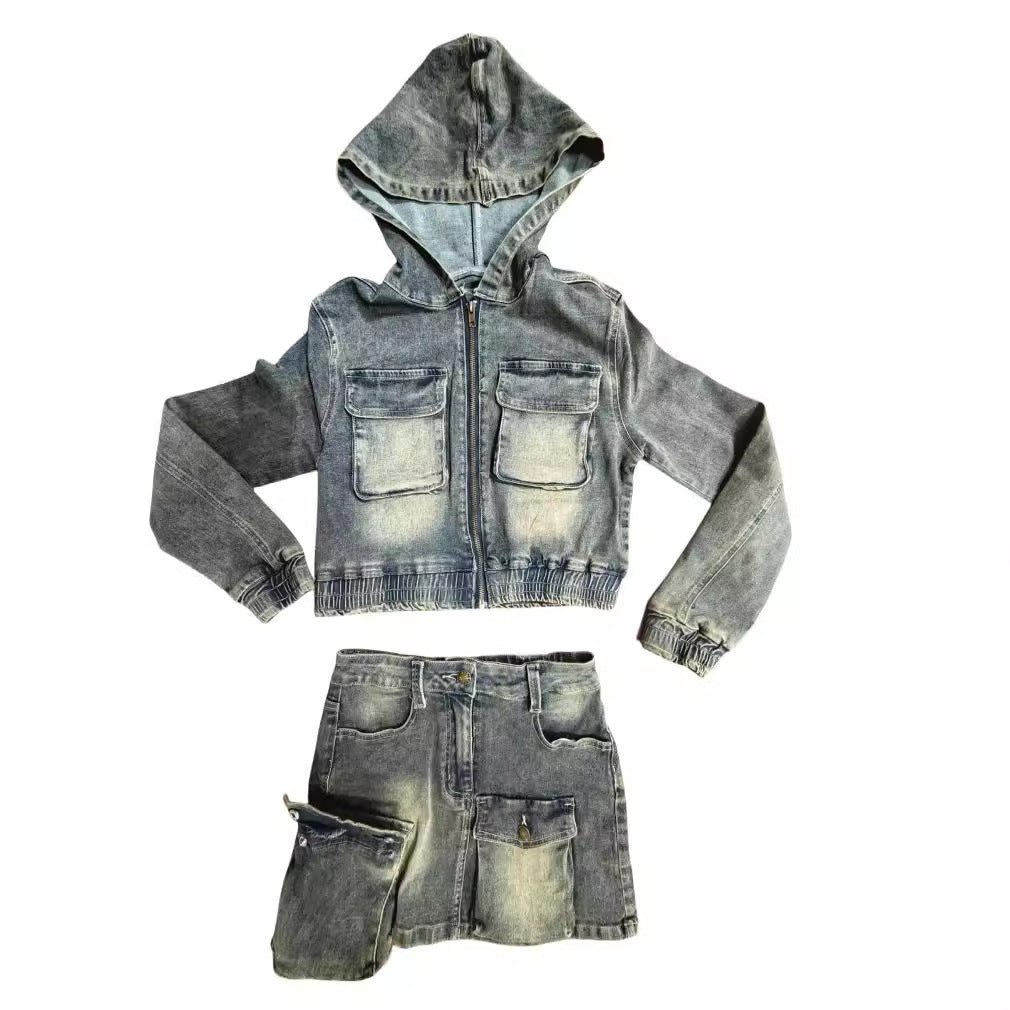 MZ (S-2XL) MZ88594 stretch denim hooded suit skirt suit