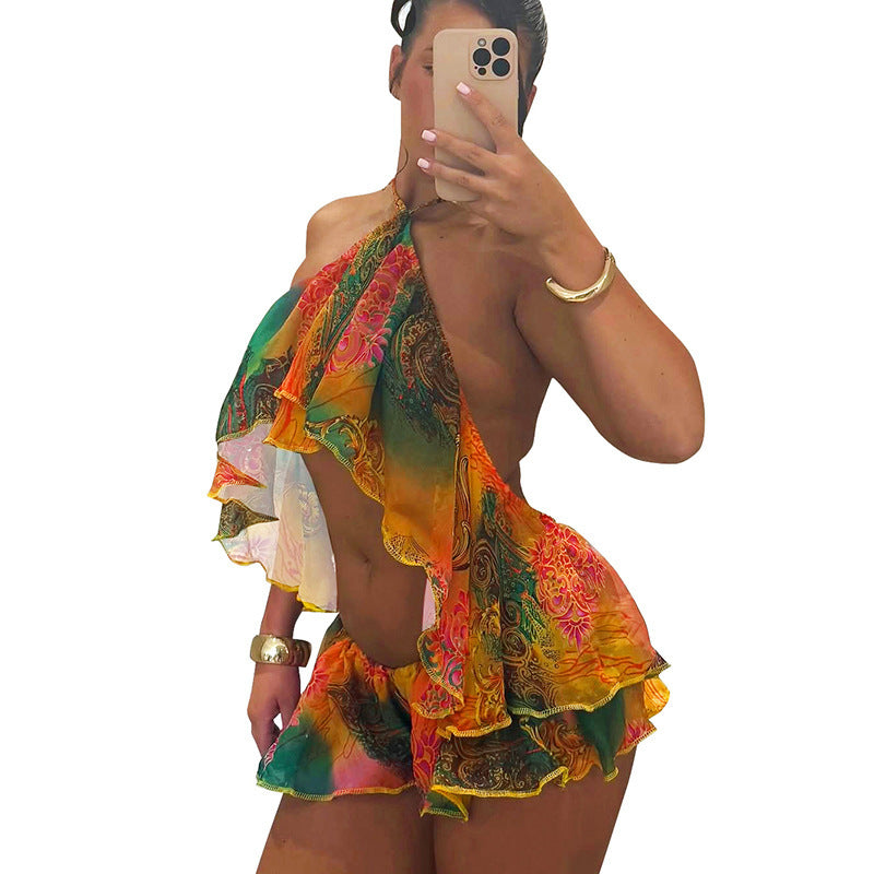 DZHT D26ST092 printed mesh ruffled halter backless top and shorts two-piece suit