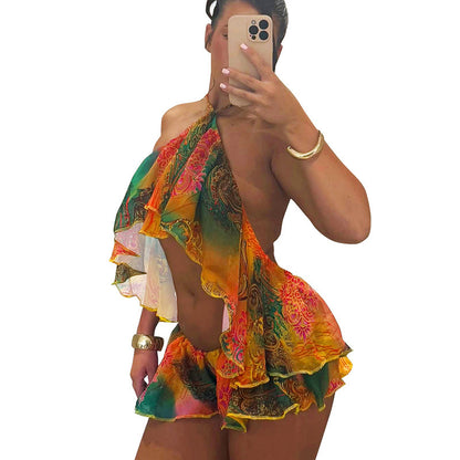 DZHT D26ST092 printed mesh ruffled halter backless top and shorts two-piece suit