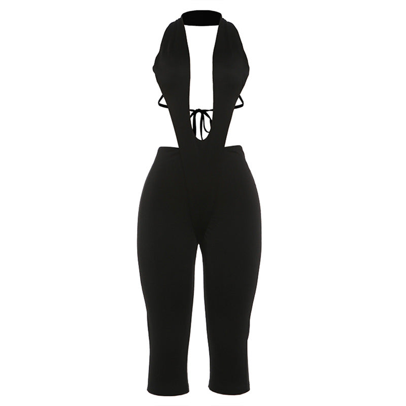 DLS Spring sexy deep V-neck personality stitching tight five-point jumpsuit