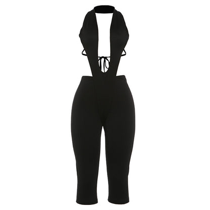 DLS Spring sexy deep V-neck personality stitching tight five-point jumpsuit