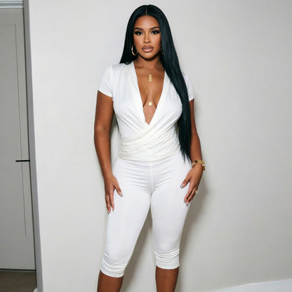 DZHT J26ST316 fall V-neck cross pleated wrap short sleeve cropped pants suit
