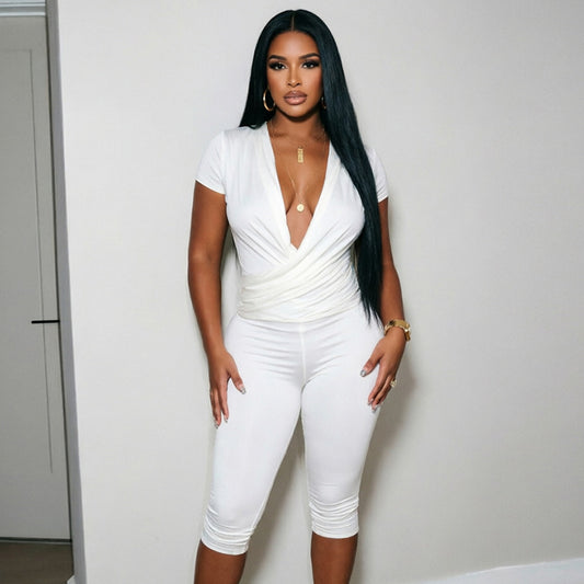 DZHT J26ST316 fall V-neck cross pleated wrap short sleeve cropped pants suit