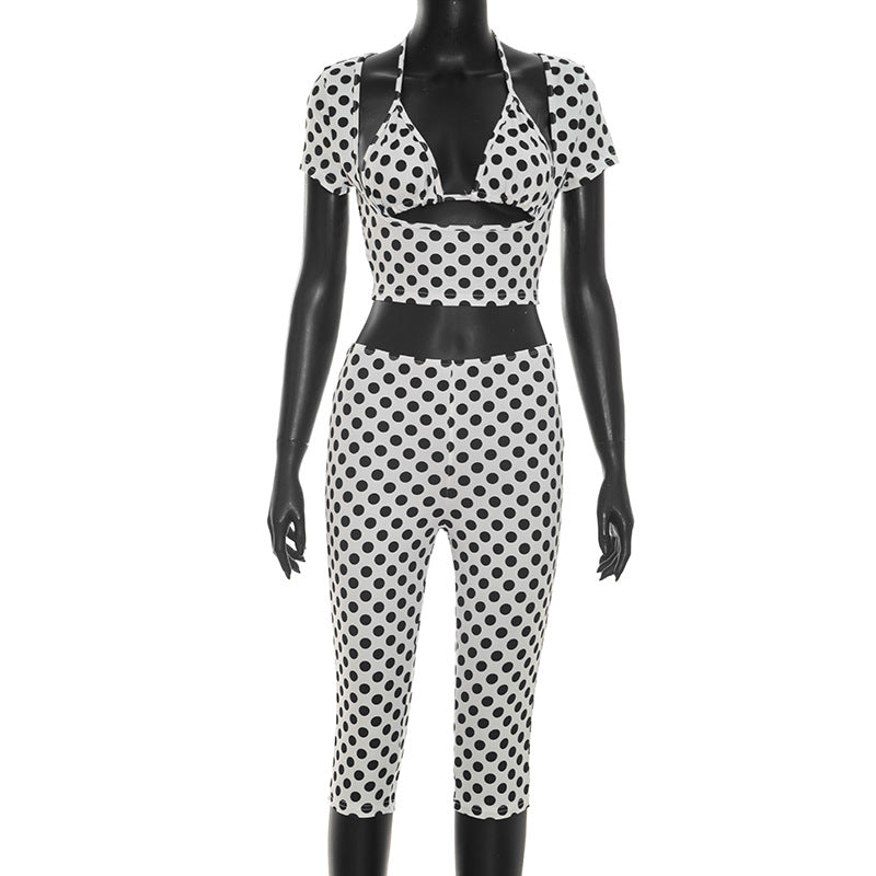 DZHT J26ST079 wave sleeveless dot printed three-piece set