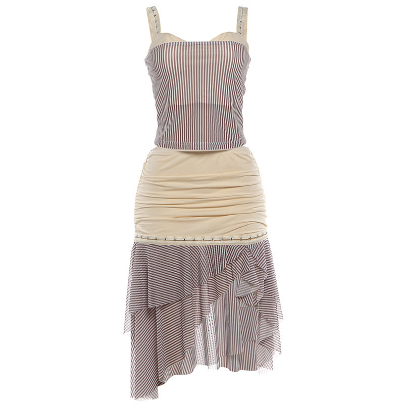 DLS summer cool patchwork stripes sling backless sexy irregular skirt suit