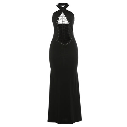 DLS halter cross strap backless waist trimming sheath dress