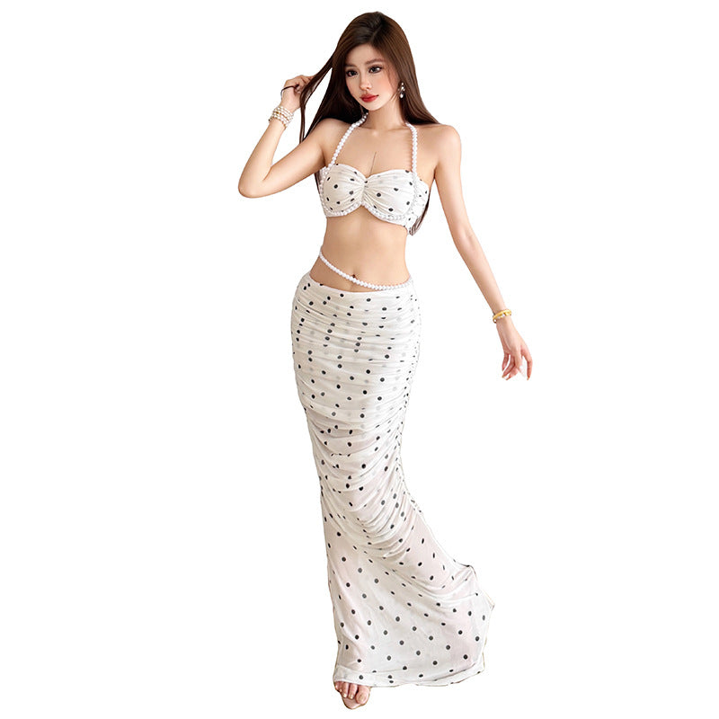 SXR K6S07980A Pearl exposed navel halterneck vest slim fit long dress polka dot set