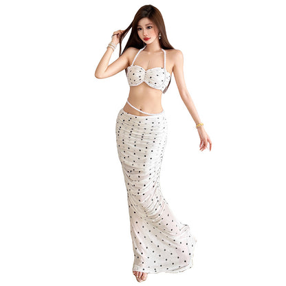 SXR K6S07980A Pearl exposed navel halterneck vest slim fit long dress polka dot set