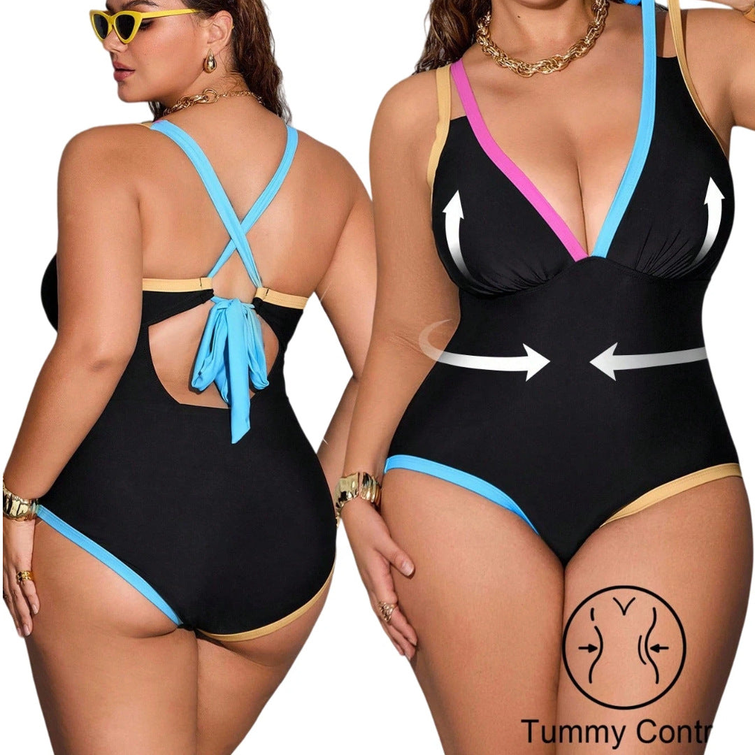 CL (L-4XL) 2026 swimsuit contrast color binding plus size swimwear women strap one-piece swimsuit