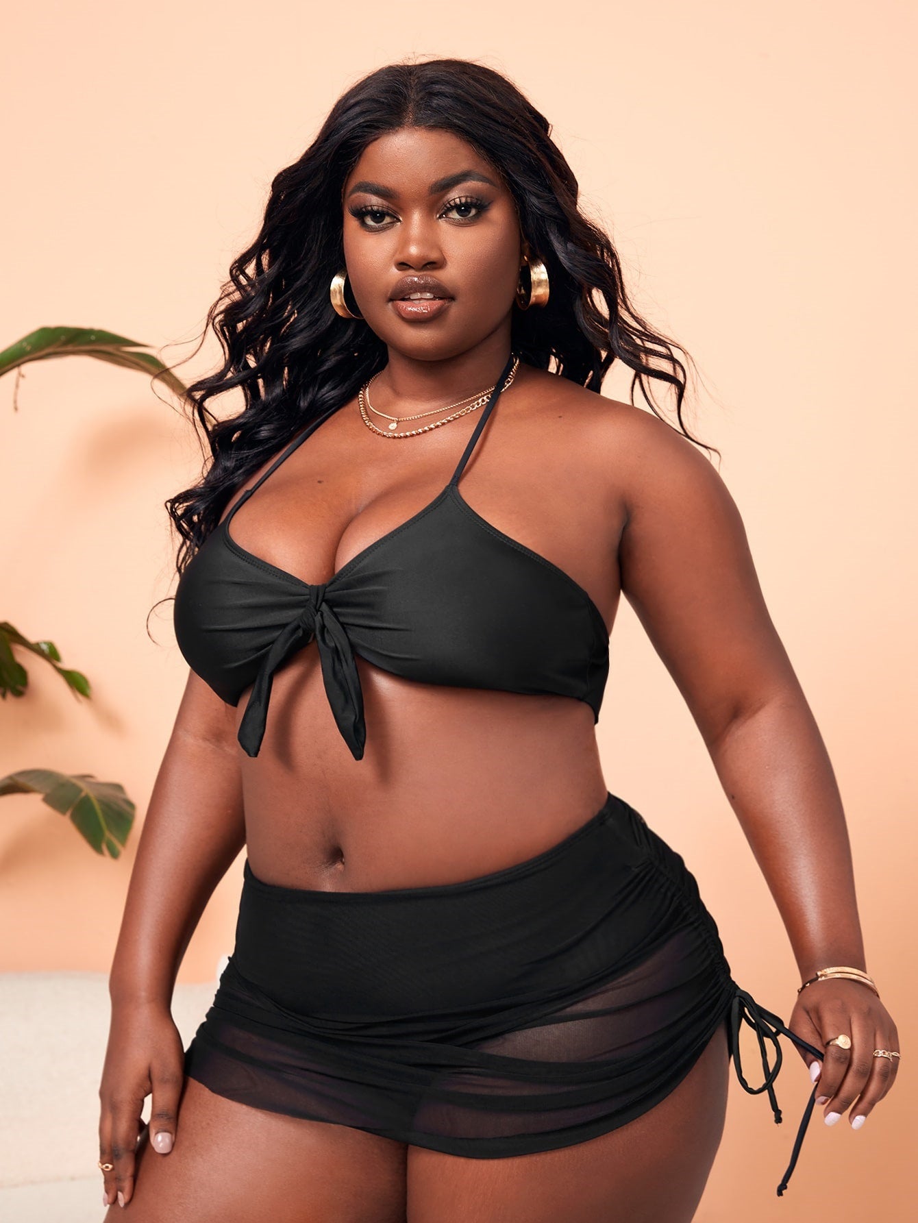 LF (L-4XL) women's split solid color black swimsuit plus size