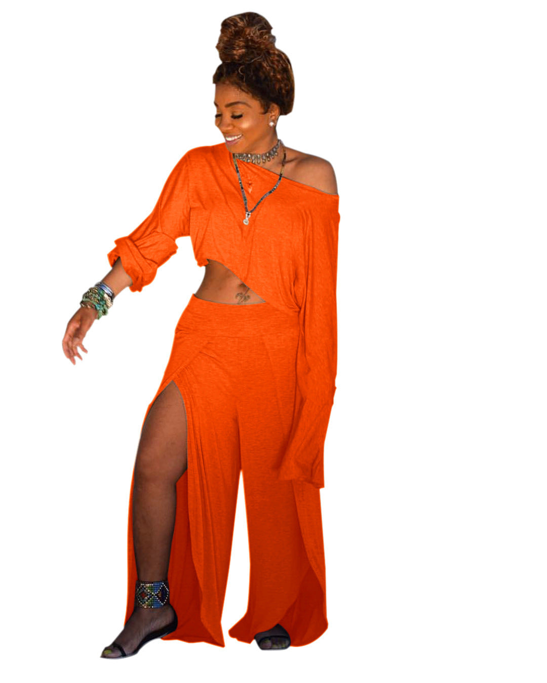 GY (S-3XL) K8747 shoulder long sleeve casual slit blouse and pants club wear