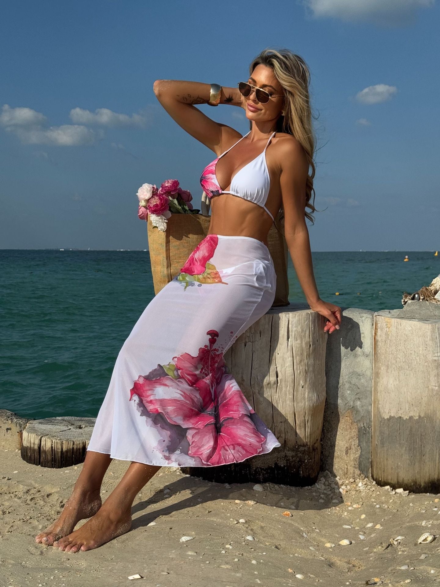 (4 days ready to ship) SY customized printing large floral three-piece set mesh long dress bikini