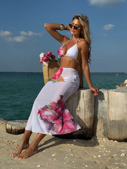 (4 days ready to ship) SY customized printing large floral three-piece set mesh long dress bikini