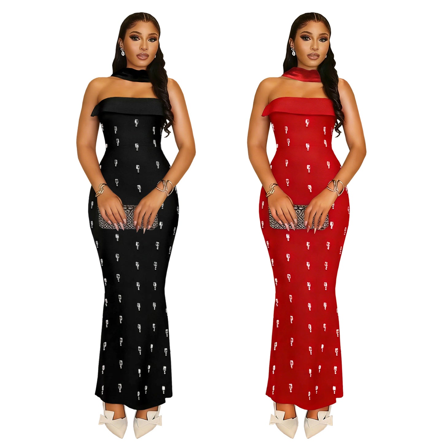 XYZ C7626 elegant tube top rhinestone ribbon dress suit