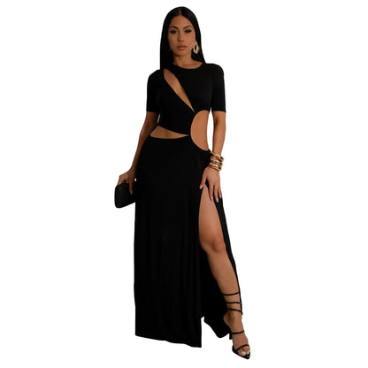 MYF (S-2XL) K10805 midriff outfit irregular long dress short sleeve dress